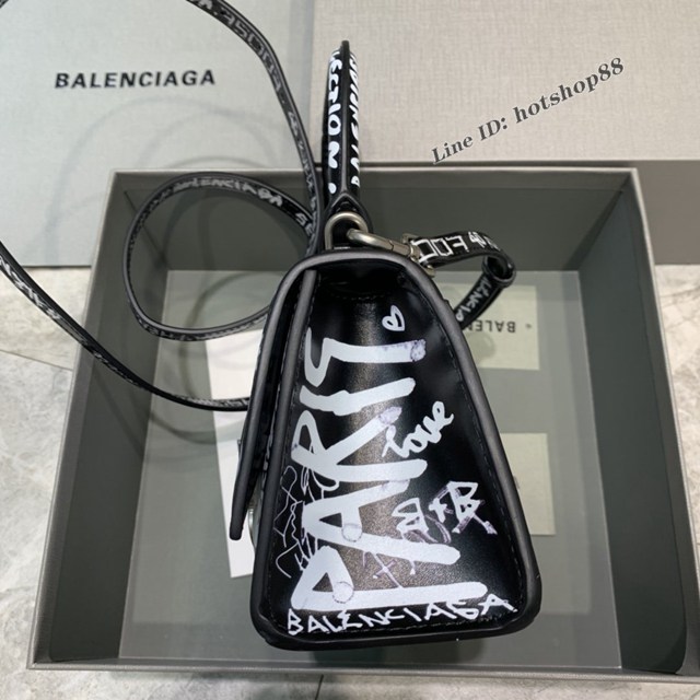 Balenciaga專櫃新款mini號手提肩背女包原單沙漏包 巴黎世家黑色平紋塗鴉沙漏包 fyj1400